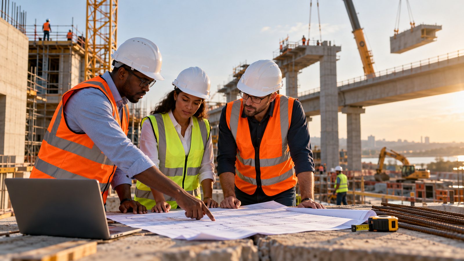Ingénieurs et professionnels sur un chantier de construction
